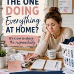 Overwhelmed woman sitting beside laundry and household tasks with text asking, “Why am I the one doing everything at home?”
