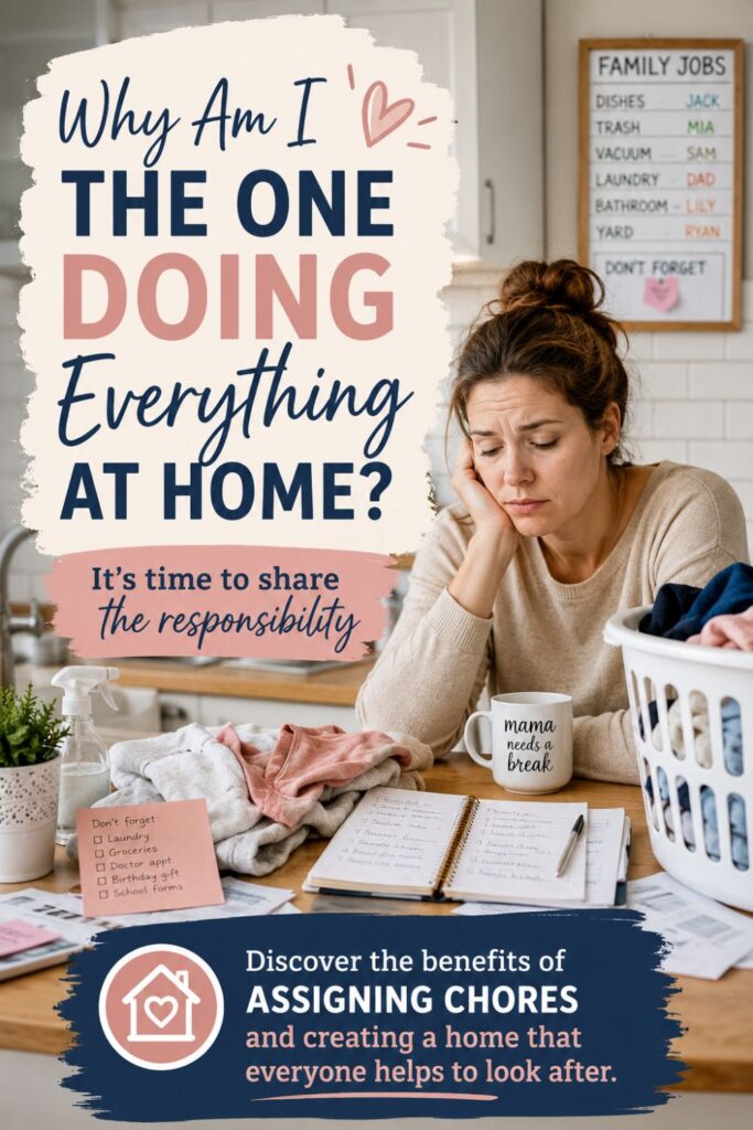 Overwhelmed woman sitting beside laundry and household tasks with text asking, “Why am I the one doing everything at home?”