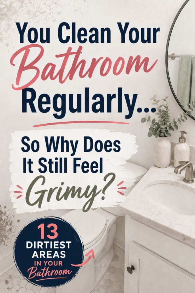 Pinterest graphic showing a bright, clean bathroom with the text “You Clean Your Bathroom Regularly… So Why Does It Still Feel Grimy?” and “13 Dirtiest Areas in Your Bathroom.”