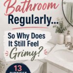 Pinterest graphic showing a bright, clean bathroom with the text “You Clean Your Bathroom Regularly… So Why Does It Still Feel Grimy?” and “13 Dirtiest Areas in Your Bathroom.”