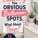 Pinterest graphic featuring a bright bathroom with the text “You’re Cleaning the Obvious Bathroom Spots. What About These?” and “13 Dirtiest Areas in Your Bathroom.”
