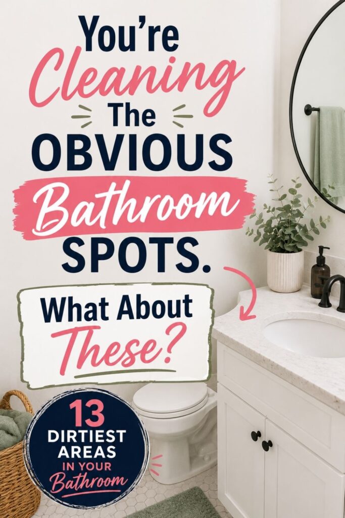 Pinterest graphic featuring a bright bathroom with the text “You’re Cleaning the Obvious Bathroom Spots. What About These?” and “13 Dirtiest Areas in Your Bathroom.”