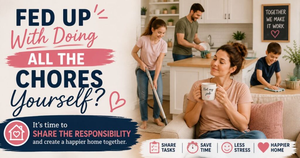Woman relaxing with a drink while other family members share household chores, showing the benefits of sharing responsibilities at home.