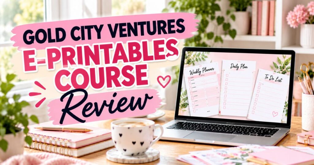 Gold City Ventures E-Printables Course review with laptop showing printable planner pages