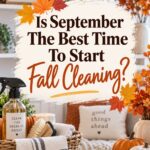 Cozy fall living room with pumpkins, autumn leaves, cleaning supplies and towels, with text asking Is September The Best Time To Start Fall Cleaning?