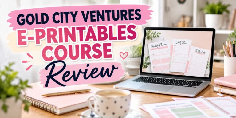 Gold City Ventures E-Printables Course review with laptop displaying printable planners