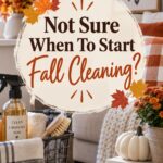 Cozy fall living room with autumn leaves, pumpkins, cleaning supplies and towels, with text reading Not Sure When To Start Fall Cleaning?