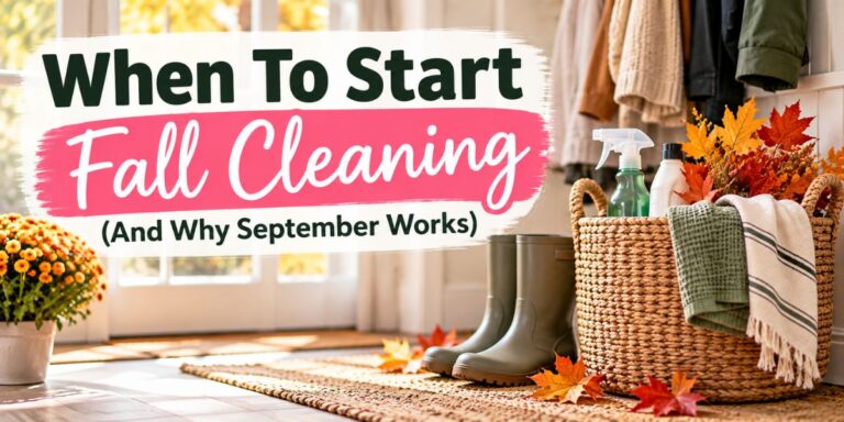 Fall cleaning supplies in a basket beside boots and autumn leaves with text When To Start Fall Cleaning.