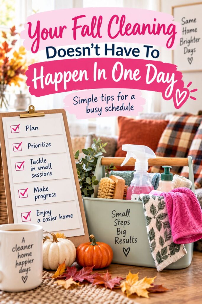 Fall cleaning supplies and checklist showing how to tackle seasonal cleaning in small, manageable sessions.