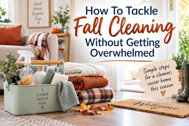 Fall cleaning supplies in a cozy living room ready for seasonal deep cleaning.
