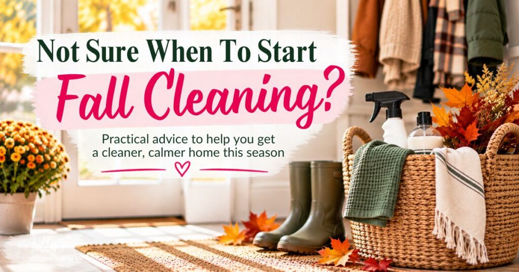 Fall cleaning supplies, autumn leaves and boots with text asking when to start fall cleaning.