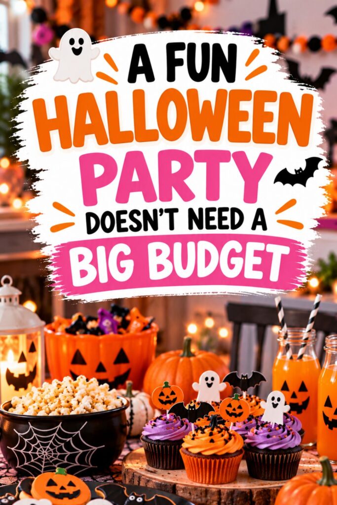 Budget-friendly Halloween party ideas featuring pumpkins, cupcakes, cookies, popcorn, festive drinks and simple decorations for a fun Halloween party at home.