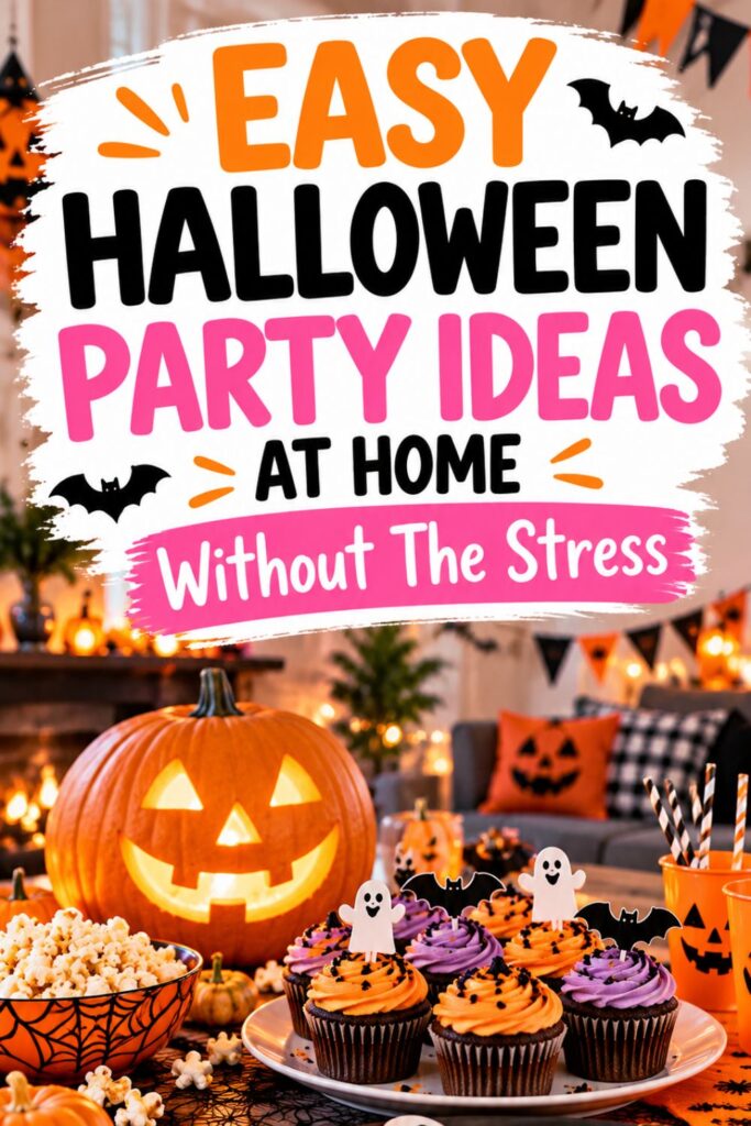 Easy Halloween party ideas at home without the stress, featuring glowing pumpkins, Halloween cupcakes, ghost cookies, popcorn and simple party decorations.